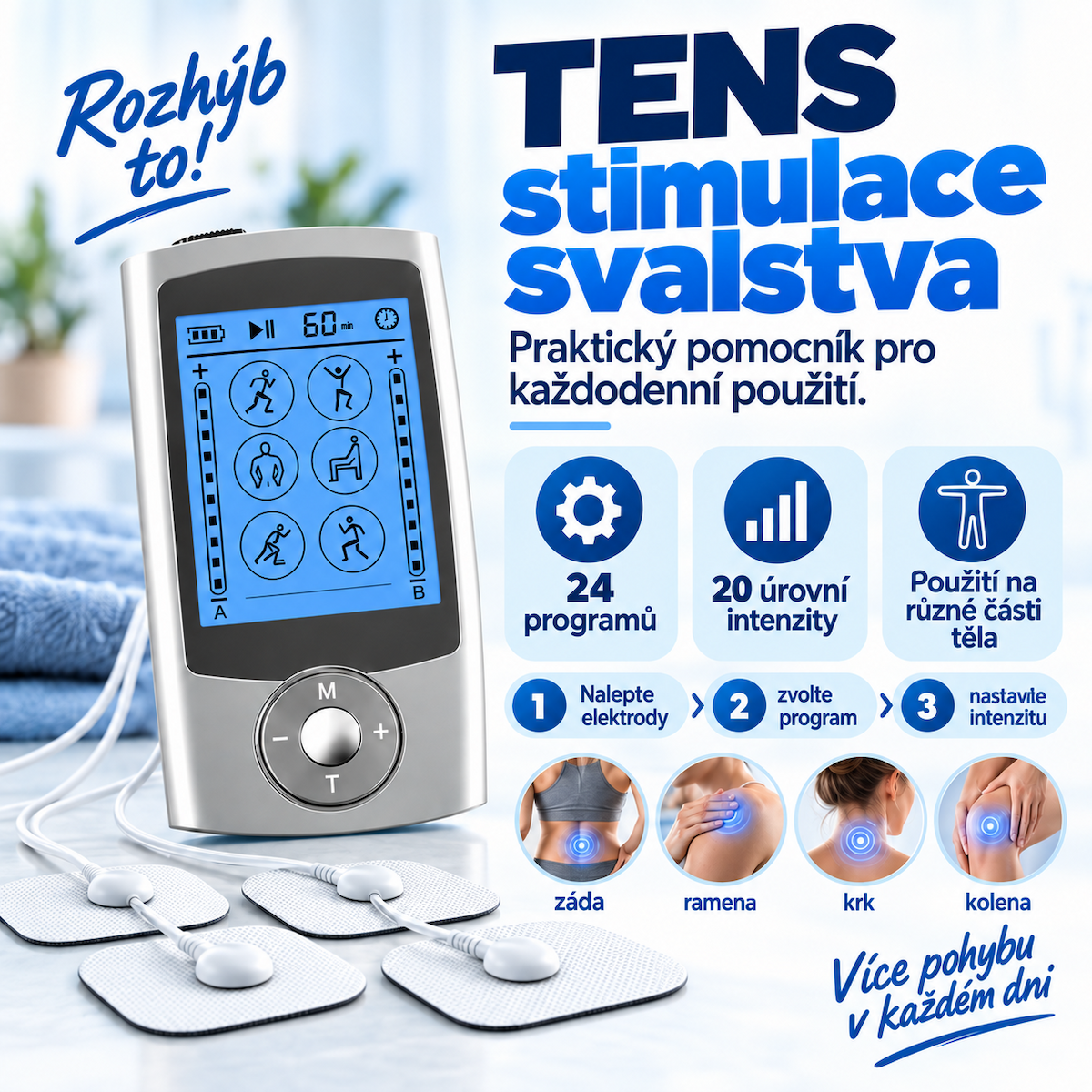 TENS přístroj – 24 programů a 20 úrovní intenzity