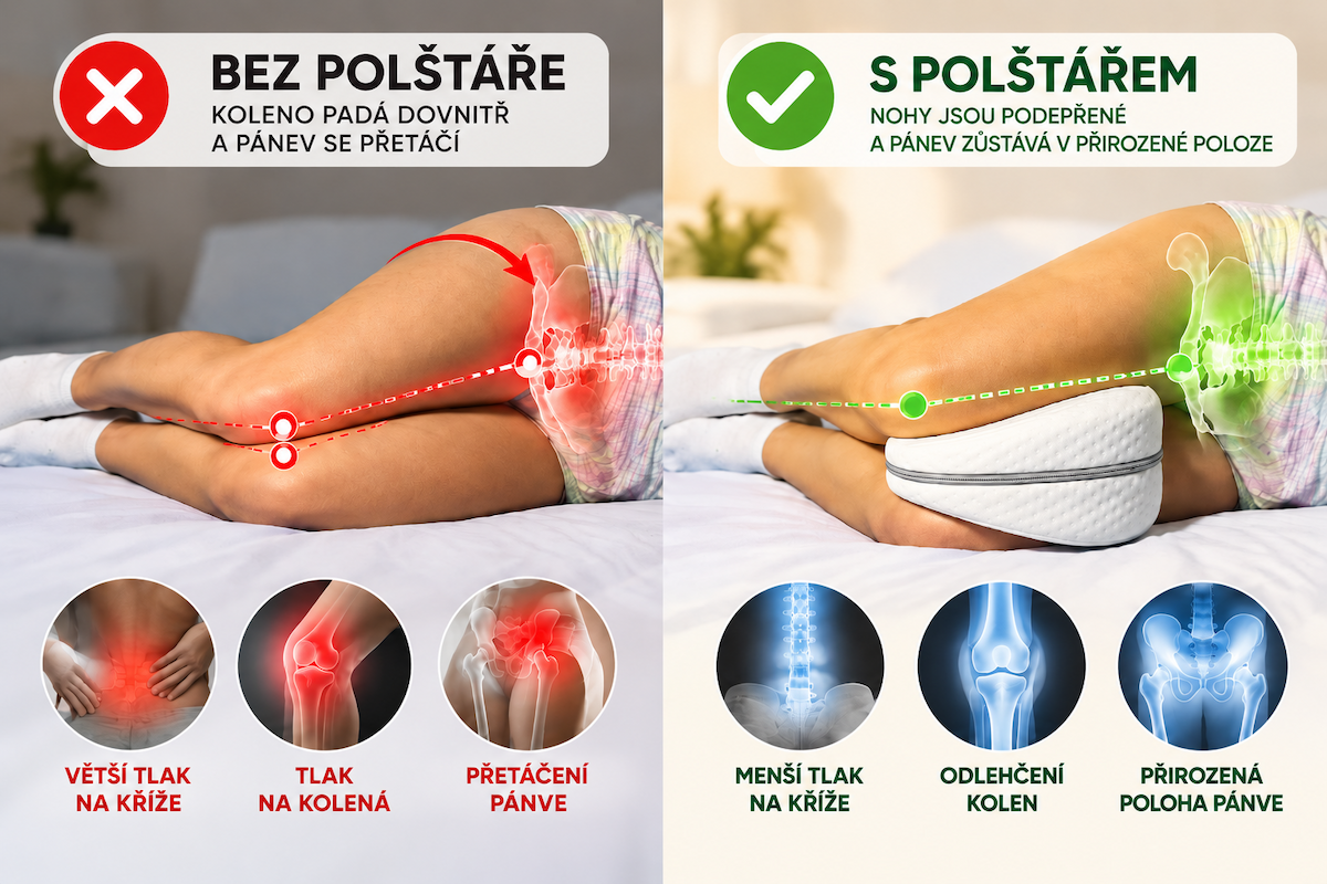 Porovnání spánku bez polštáře a s ortopedickým polštářem mezi kolena